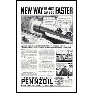 1934 Penzoil Motor Oil Vintage Print Ad Speeding Car Airplane Wall Art Drawing